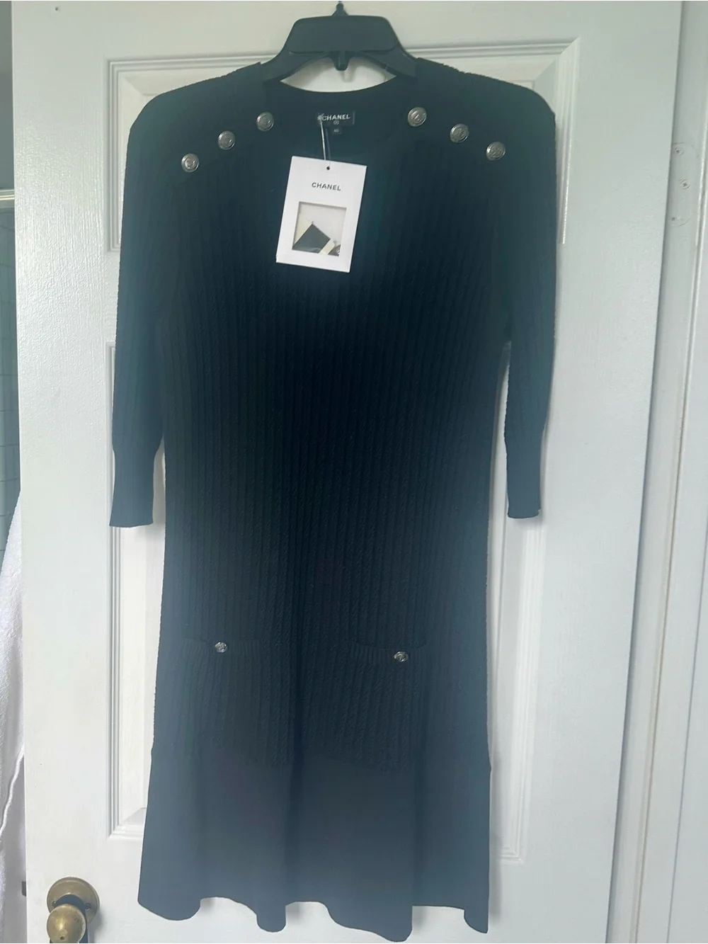 CHANEL Black Rib-Knit Mini Dress with Button Details